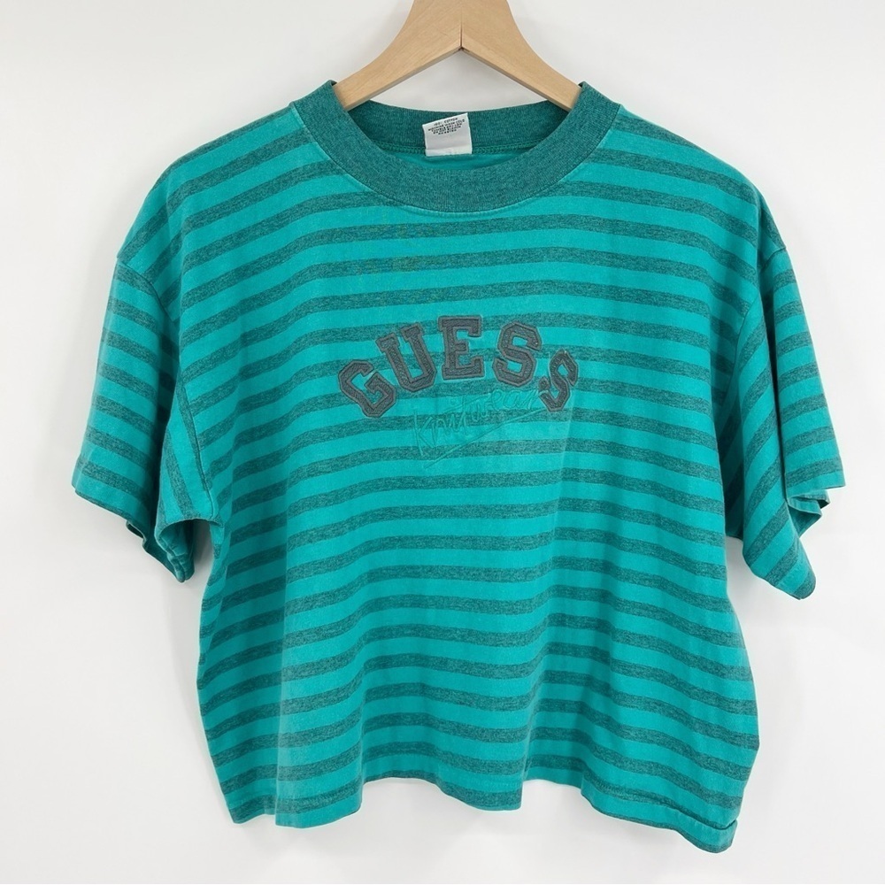 VTG Guess Knitwear USA Green Logo Embroidered Boxy Cotton T-Shirt One Size 90s